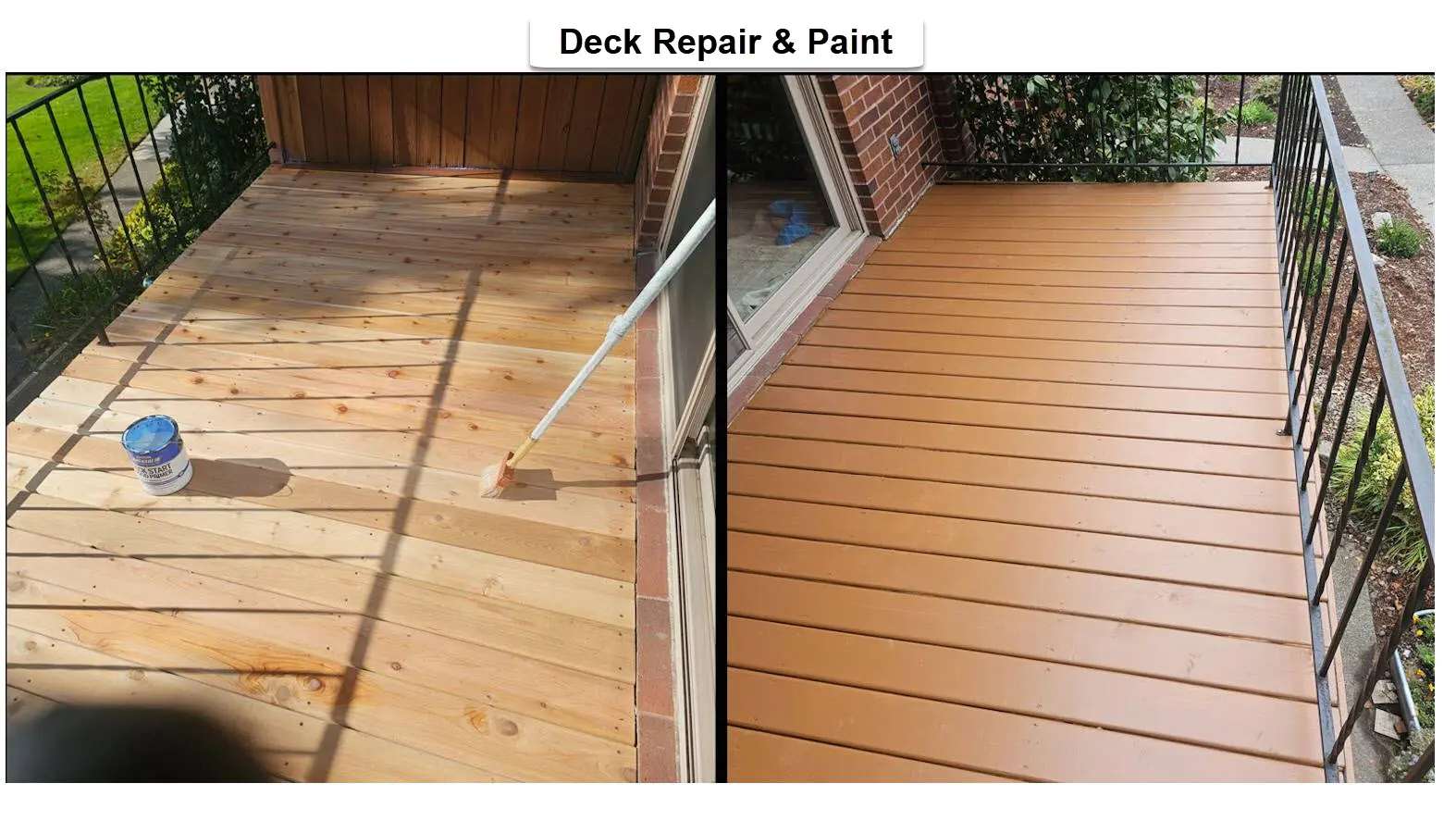 Deck repair and painting in King City showing deck boards repaired and painted with a uniform finished surface