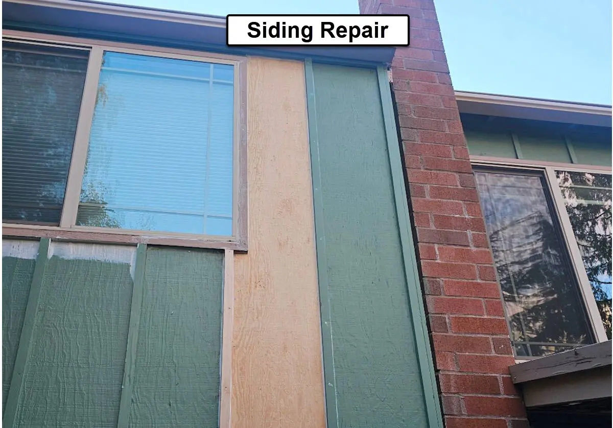 Siding repair in NW Portland showing damaged exterior siding panel replaced and prepped for painting