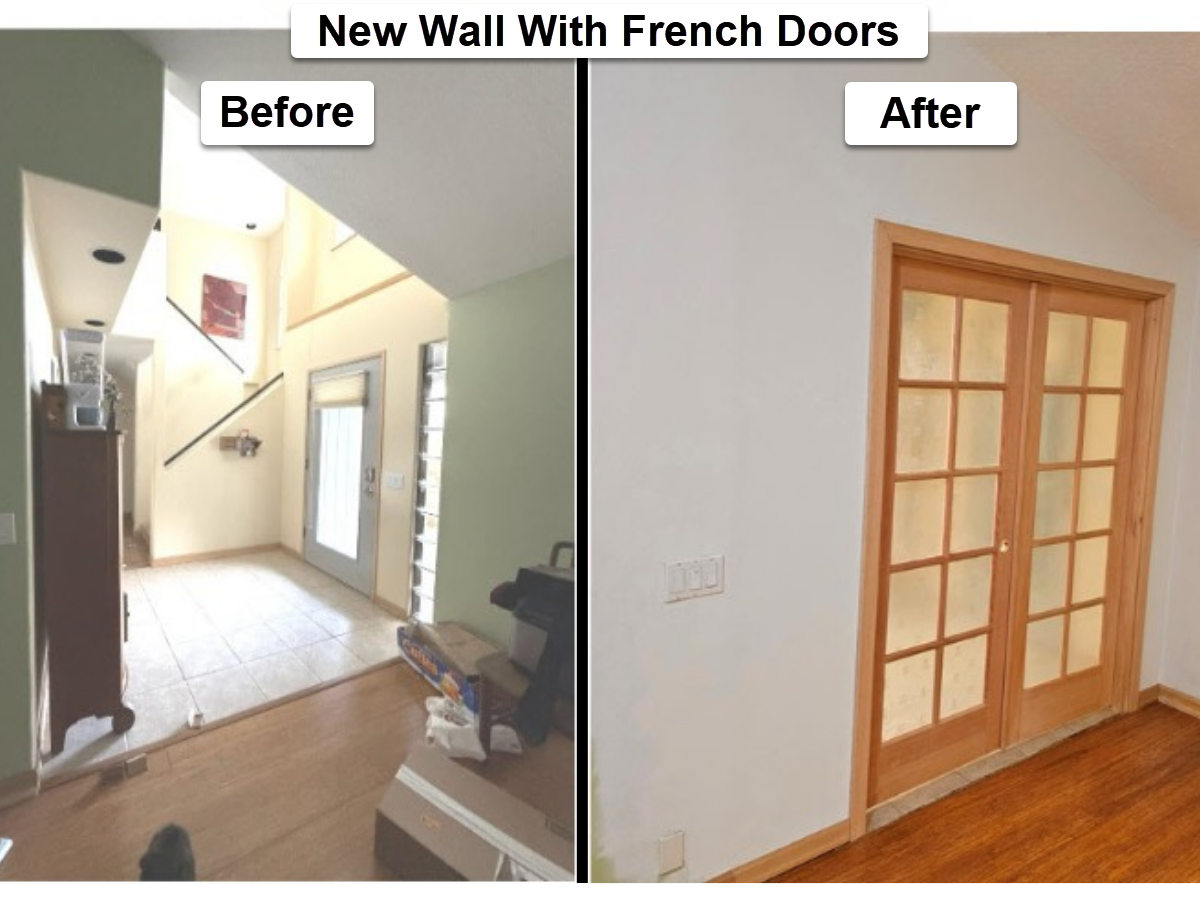 New interior wall installation with French doors in Southwest Portland home