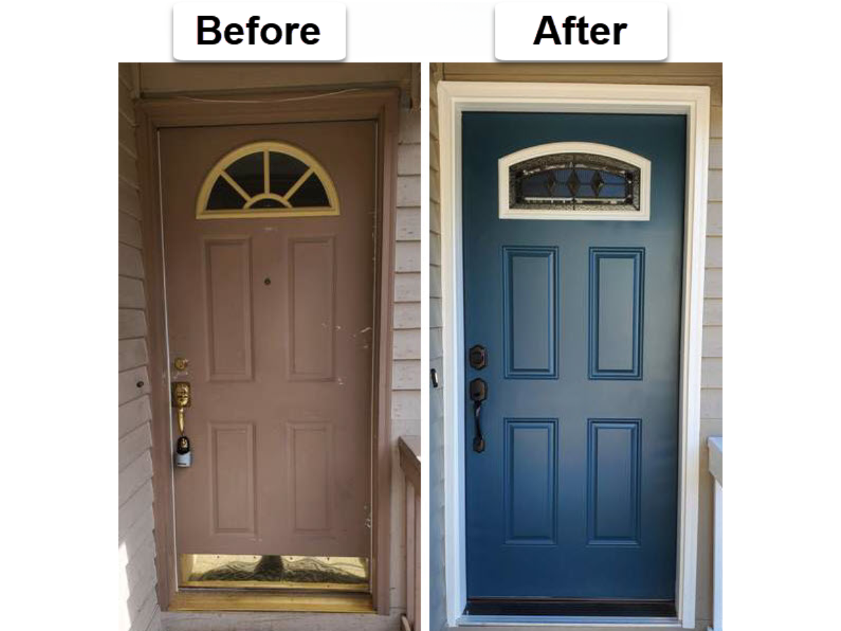 Exterior door replacement before and after showing original front door removed and new blue entry door installed in Beaverton Oregon